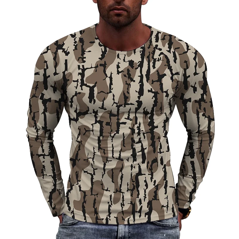 3D Printed Camouflage T Shirt For Men Hidden Tree Pattern Tees Spring Autumn Casual Loose T-Shirts Long Sleeves Round Neck Tops