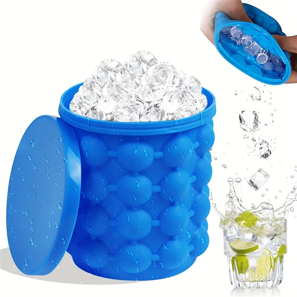 

2023 New Portable 2 in 1 Large Silicone Ice Bucket Mold with Lid Space Saving Cube Maker Tools for Kitchen Party Barware