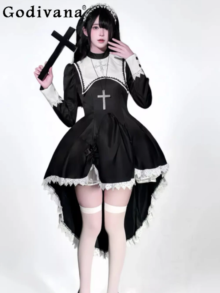 

Плюс размер темперамент японский готический панк субкультура темное COS платье модное трапециевидное платье с высокой талией Хэллоуин монахиня нерегулярные платья