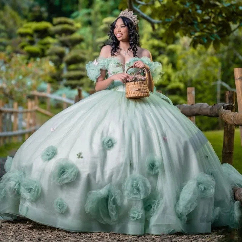 

Customized mint green Quinceanera Dresses Off the Shoulder crystal decal 3D flower Long tail Tull Vestido 15 Quinceanera