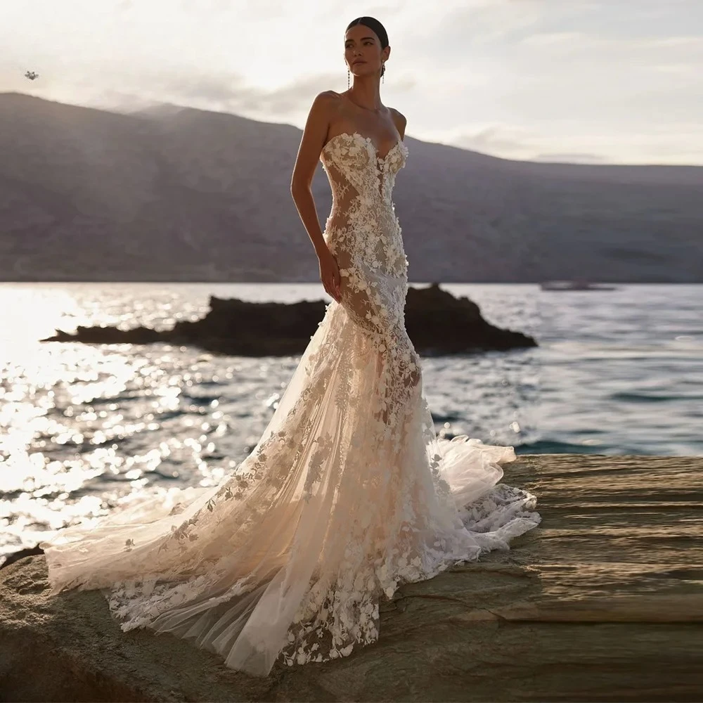 Charming 3D Flowers Mermaid Wedding Dresses for Women See Through V-Neck Sweep Train Bridal Gown Vestido De Noiva Customised
