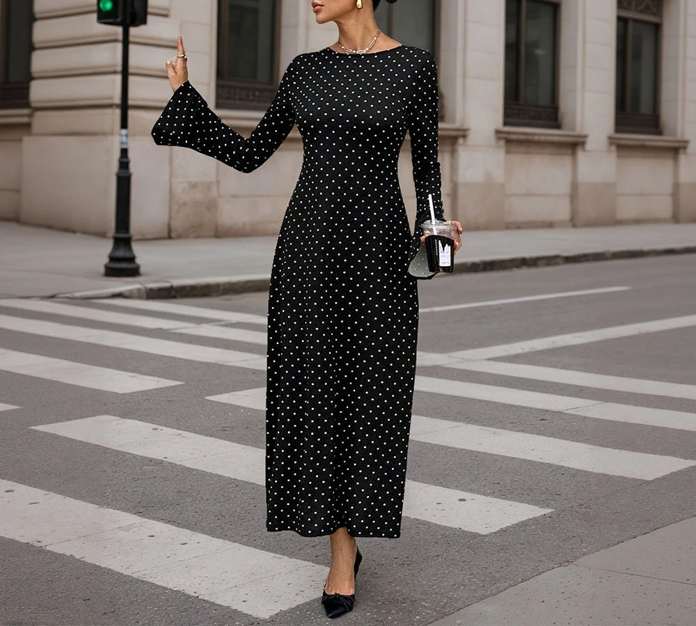 Abito celebrità nero a pois Abito lungo da donna con lacci sul retro sottile a maniche lunghe autunno e inverno