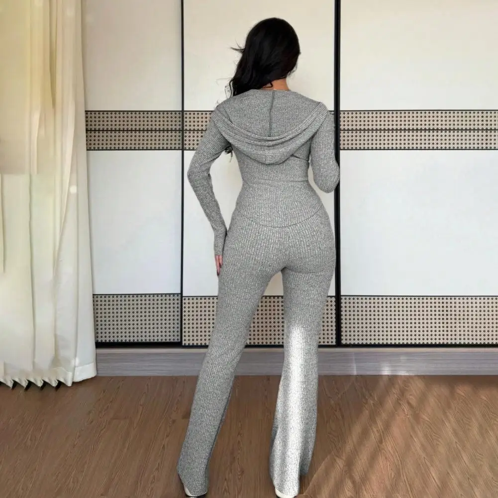 

Winter New Fashion Ribbing Woman 2 Piece Set Outfit Solid Color Long Sleeves Crop Top And Skiny Pants Female Streetwear