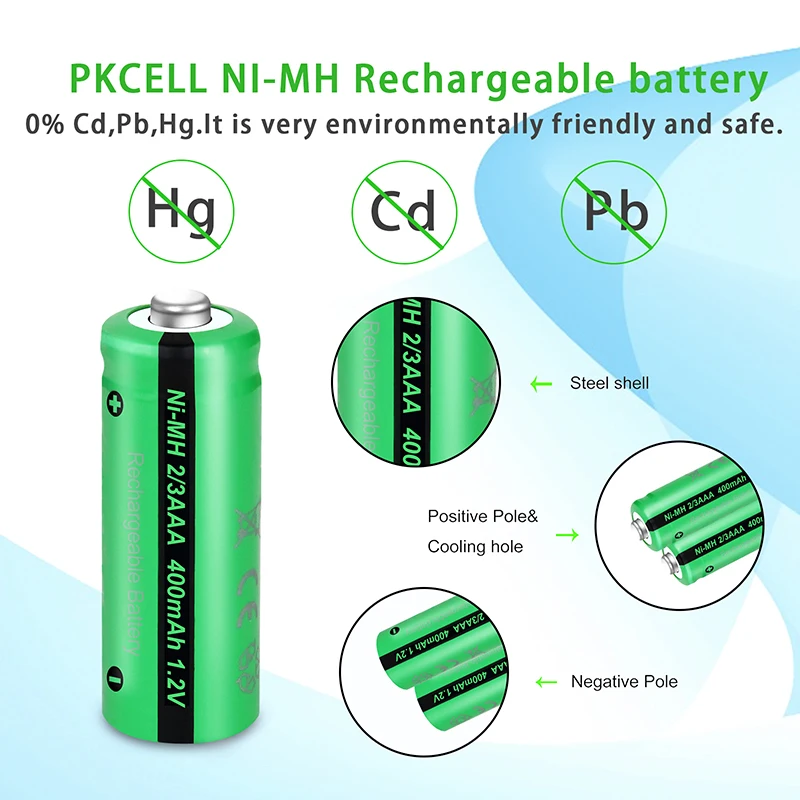 PKcell 10PC ni-mh 2/3AAA 400mah 1.2V lampa Indurstry akumulator NIMH akumulator 1.2V 2/3 AAA baterie lampa słoneczna