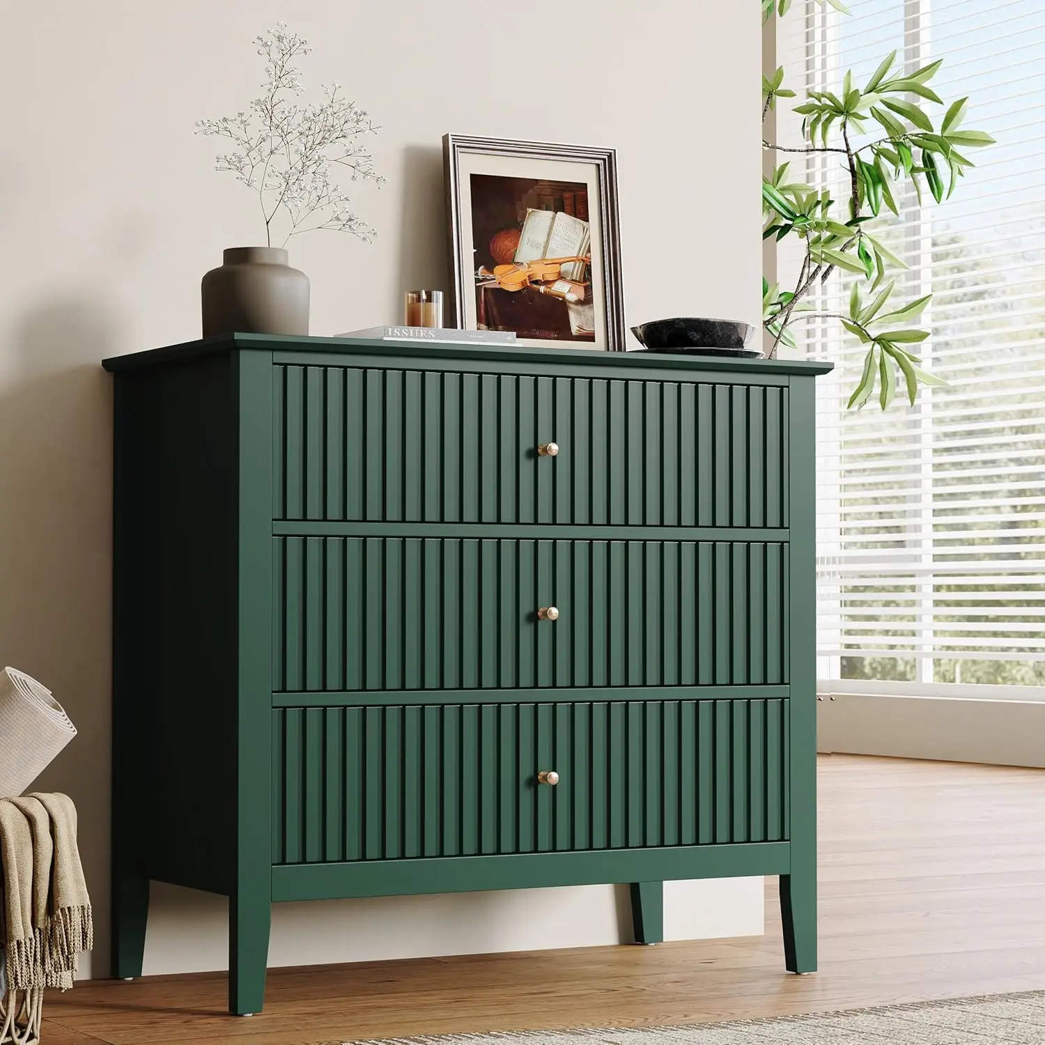 

32" Large Nightstand, Fluted Painted Bedside Table with 3 Spacious Drawers, Modern Tall End Table for Bedroom, Dark Green