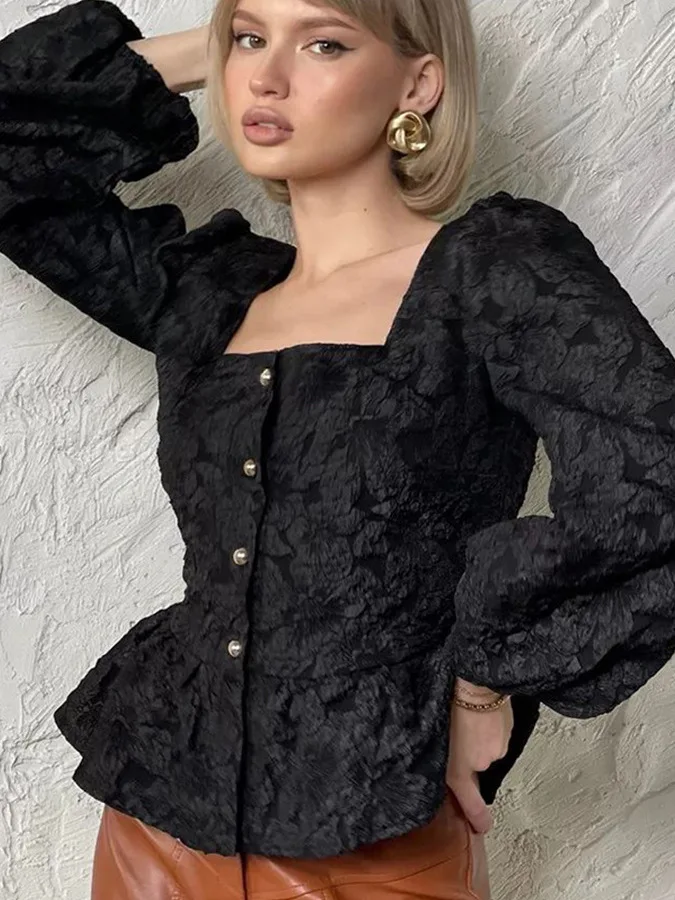 

Женская блузка для повседневной носки с цветочной вышивкой, рукавами-фонариками, квадратным вырезом, свободного кроя, длинными рукавами, из полиэфирного волокна