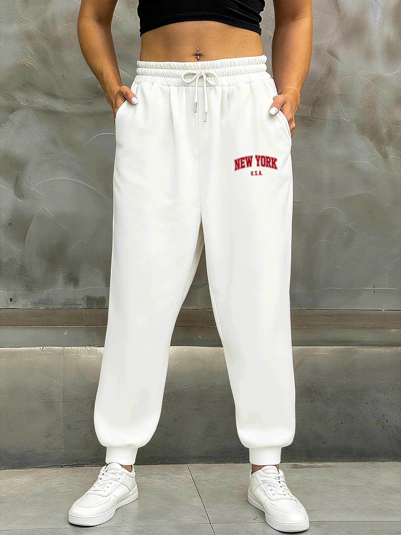 뉴욕 미국 프린트 여성 가을 기본 스포츠 팬츠 플리스 패션 스웨트팬츠 캐주얼 스트리트 바지 포켓 조깅 롱 팬츠