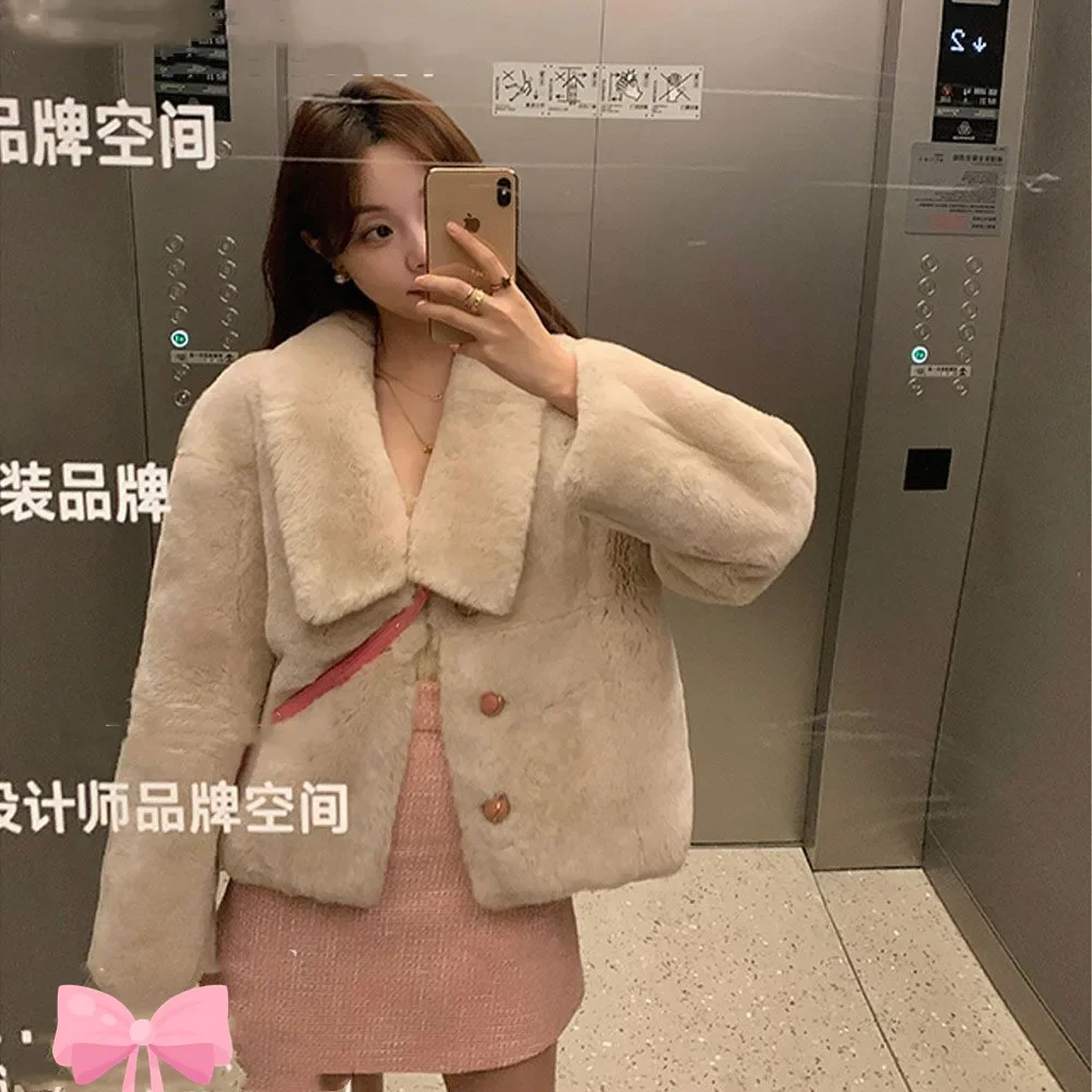 Autumn Winter Fashion Warm Faux Fur Coat Women Elegant Sweet Turn Down Collar Plush Jacket Korean  Casual Outerwear Z534