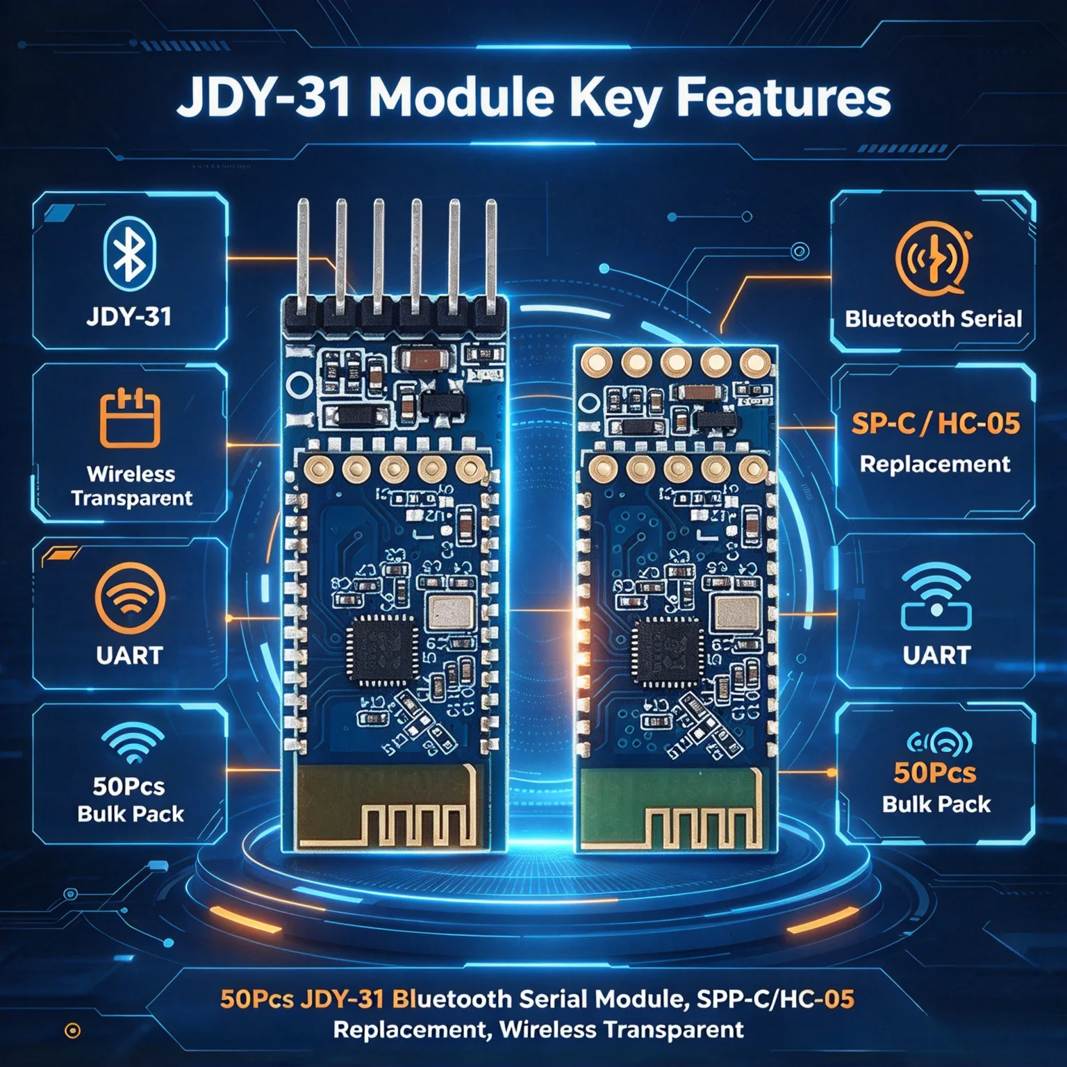 50Pcs SPP-C HC-05 Replacement JDY-31 Bluetooth Serial Wireless Transparent Module UART Arduino DIY