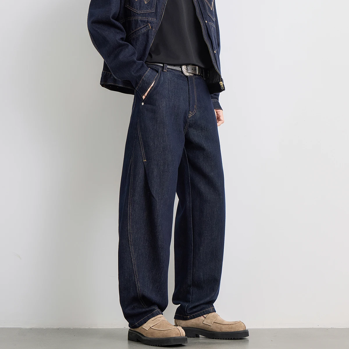 Autumn American-Style Trendy Fashion Curved-Blade Raw Denim Jeans for Men Rogueishly Cool Premium Drape Wide-Leg Sickle Pants