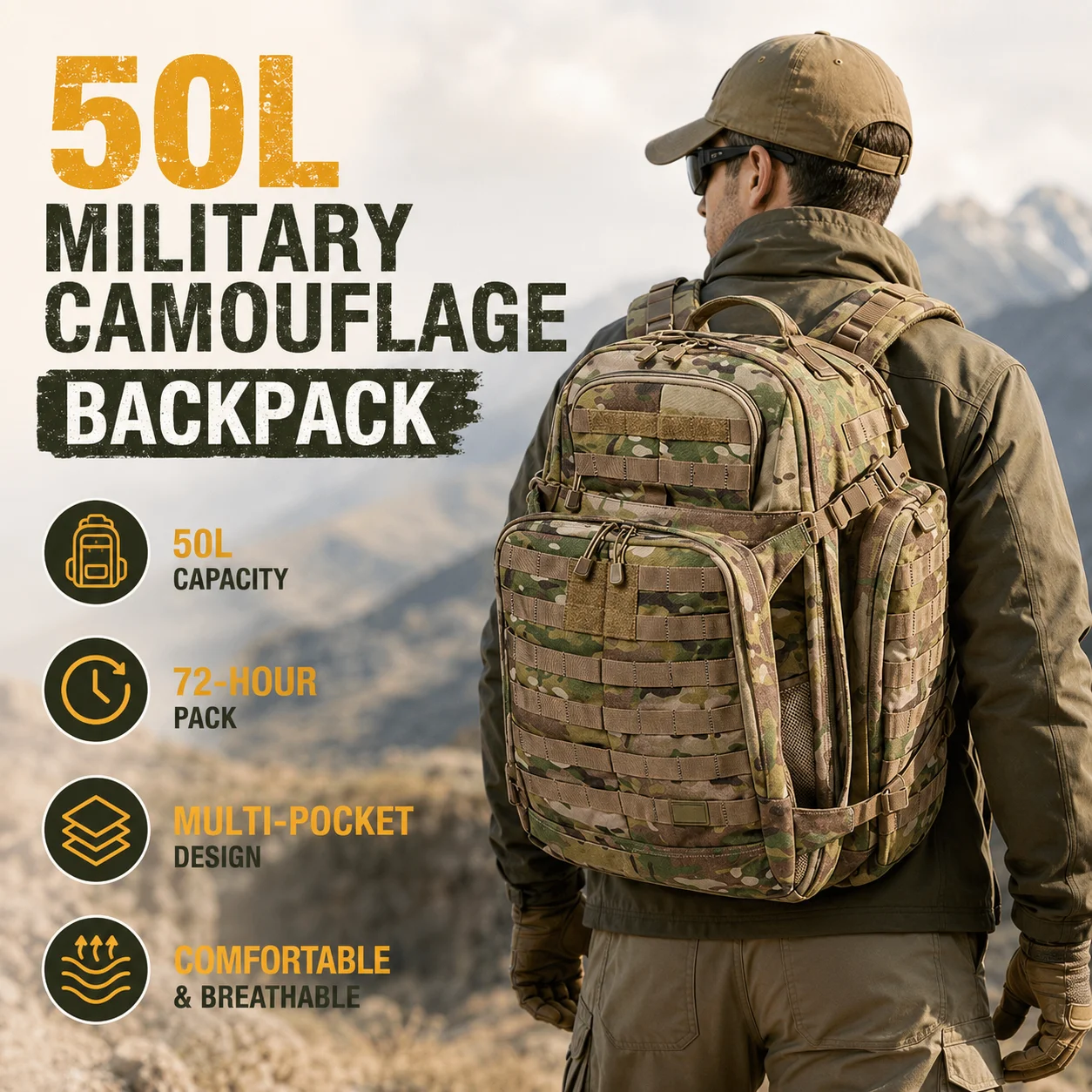 50L Tactical Backpack Military Style Camouflage Bag 900D Waterproof Outdoor Hiking Camping Backpack MOLLE System Travel Pack