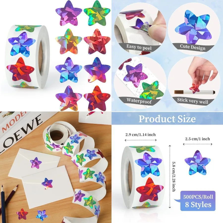 

500PCS Multi-Color Star Stickers for Reward 1 inch Holographic Star Stickers for DIY Crafts Behavior Chart Student Planner Scho