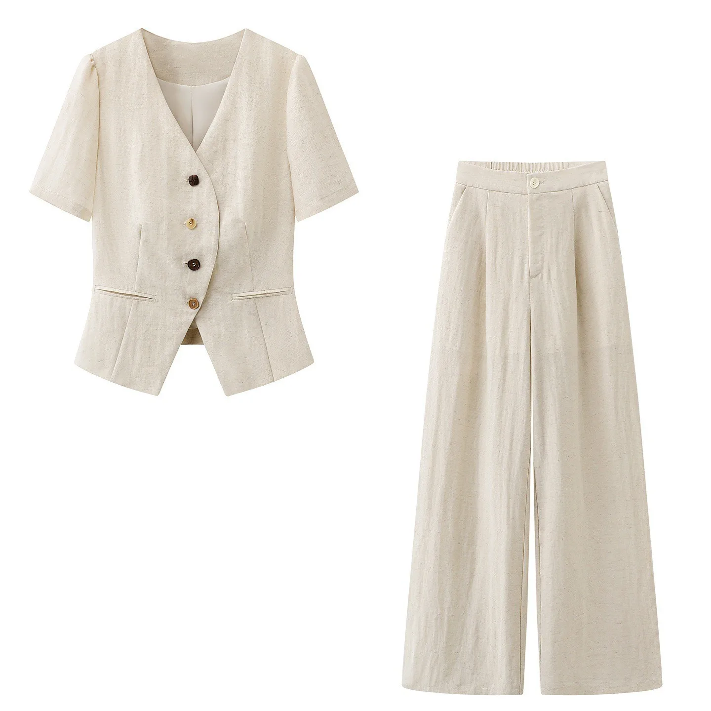 Womens Matching Sets Blazer Short Sleeve Wide Leg Pants Blazers Two Piece Set Suit Jacket V Neck Cropped Blazer Beige Set