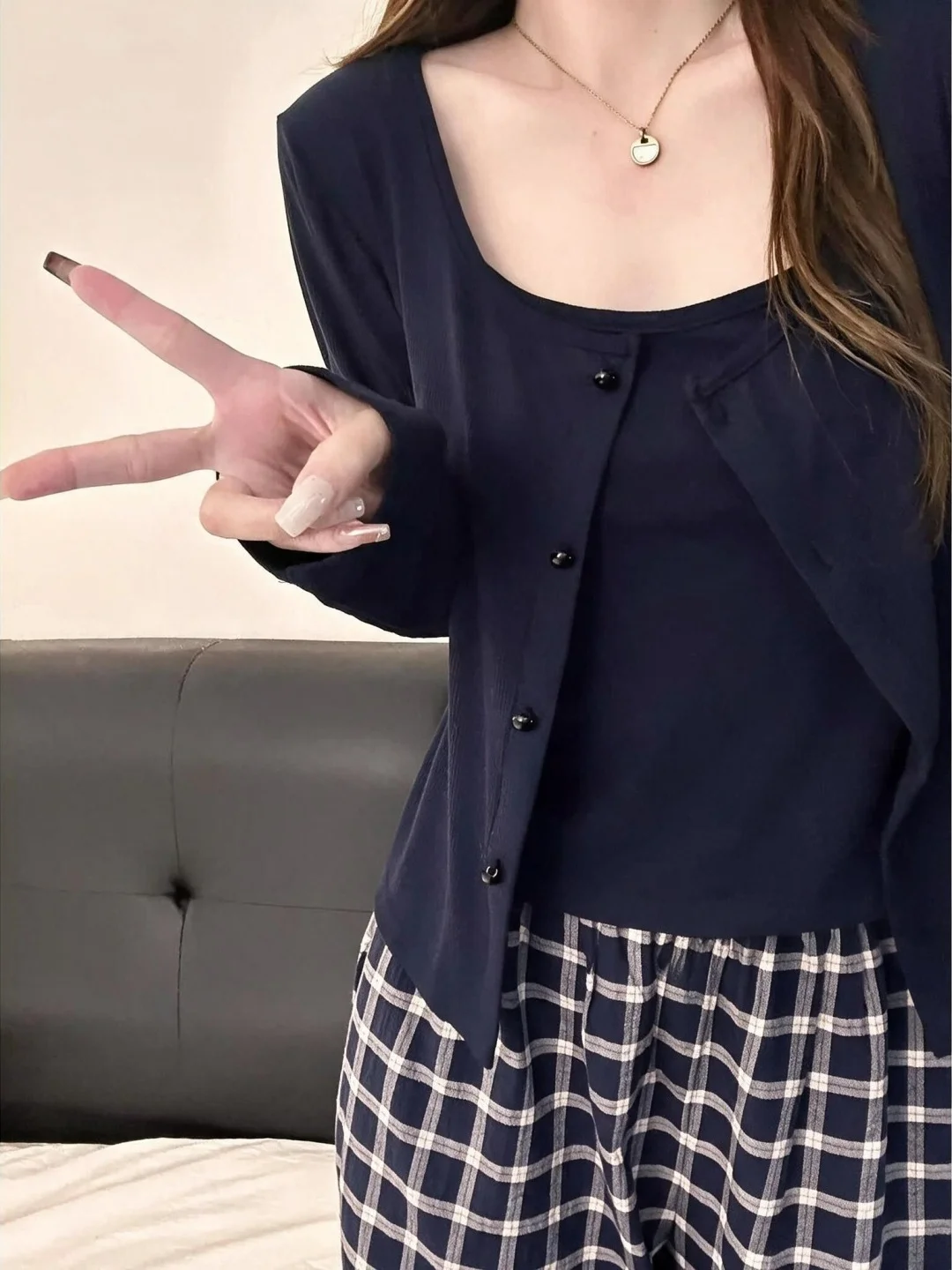 Fashionable Plaid Sleepwear Set with Chest Pad Blue for Women Autumn Long Sleeve Loose Fit Three Piece Casual Home Clothes