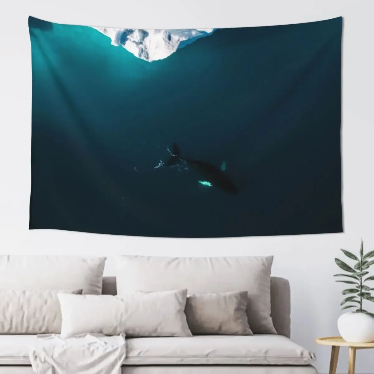 Aerial of a lone Humpback whale in front of an iceberg in Greenland Tapestry Outdoor Decor Wall Decor Tapestry