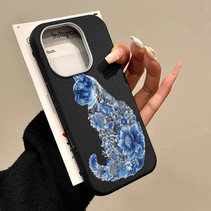 

Cartoon Blue Cat TPU Case For iPhone 16 15 14 13 12 Pro Max 11 Leather Texture Soft Silicone Phone Cover For iPhone 15 14 Plus