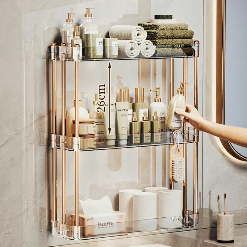 

Wall Mounted Bathroom Storage Rack Layered Metal Towel Holder No Punching Shelves for Bathroom Space Saving Shelf