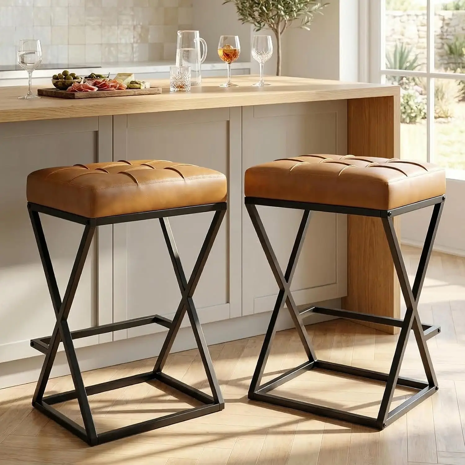 

26 Inch Counter Height Bar Stools Set of 2, Backless Bar Stools Island, Footrest Walnut Brown