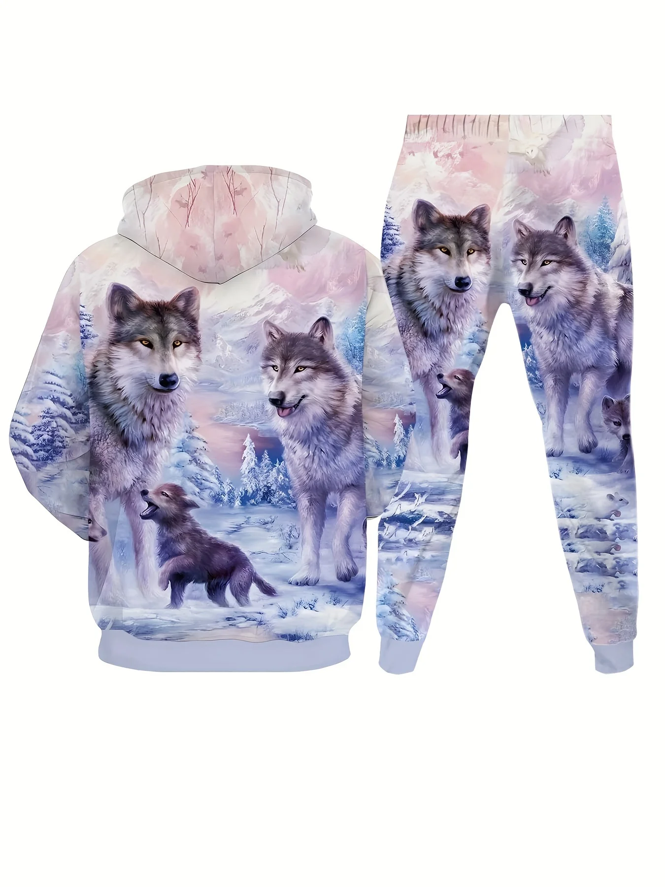 Tweedelige casual sportkledingset voor heren met lange mouwen en wolfprint, geschikt voor herfst- en wintermannen om te dragen