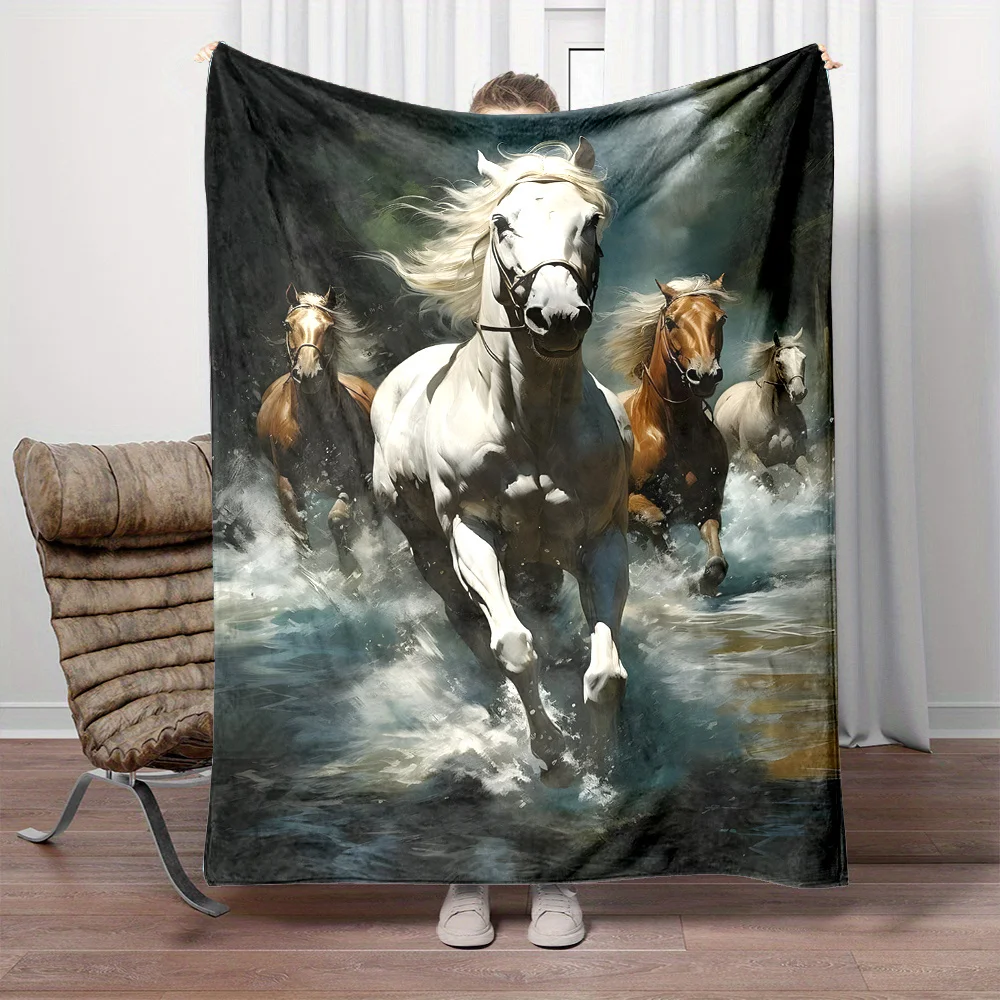 All-Season Reversible Fleece Throw Blanket with Galloping White & Brown Horses - Heavyweight  GoldenGrey Horse