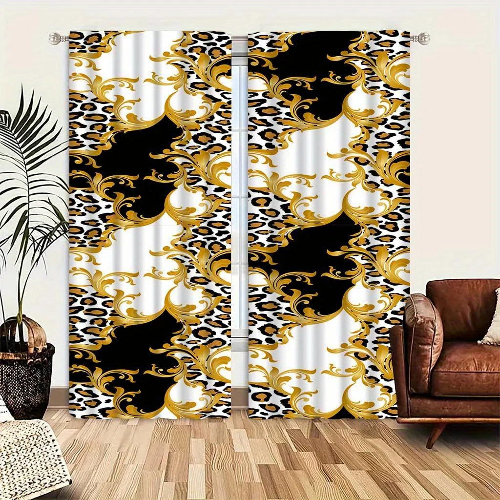 Elegant Golden Leopard Print Curtains with Floral Design for Living Room Bedroom Easy to Hang for Bedroom Kitchen Blinds Window