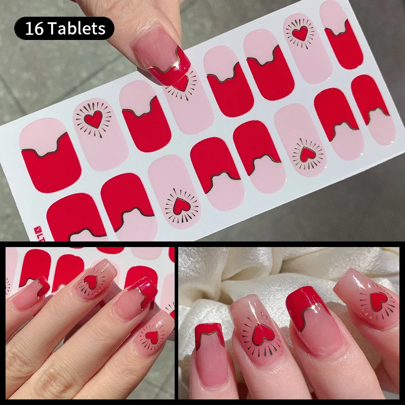 16PCS Full Cover Nail Stickers Valentine Red Lips French Nail Art Sticker Heart Full Nail Wraps DIY Manicure Nail Art Making