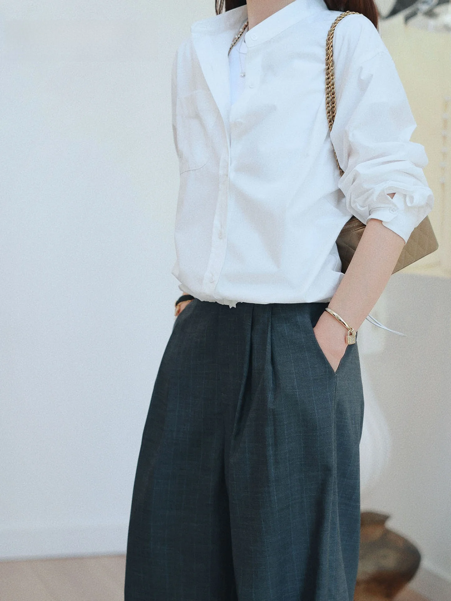 

PKHHK Spring New Casual irt Waist Cinching Stand Collar Adjustable Hemline Loose Fit Long Sve Polyester Fiber Women's irt