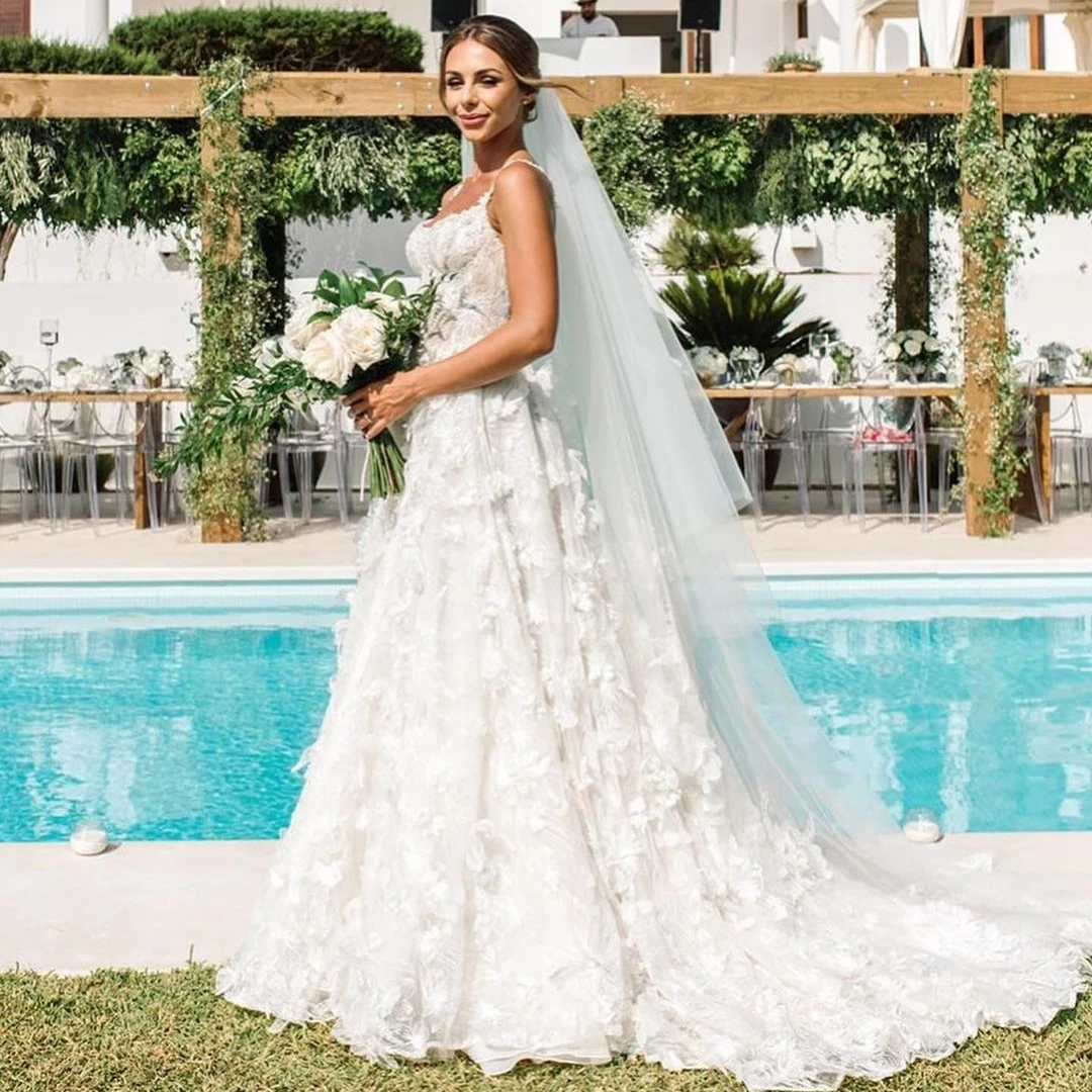 

3D Flower Spaghetti Strap Romantic Wedding Dress Low Back Bridal Gown Custom Make