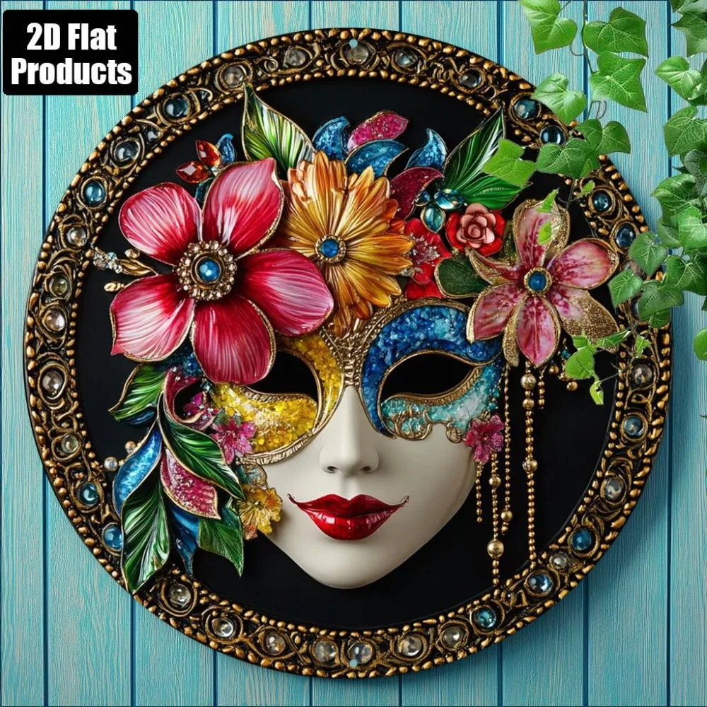 Baroque Venetian Masquerade Mask 2D Flat High Definition Metal Wall Art Sign Colorful Exotic Flowers and Crystal Rhinestone Embe