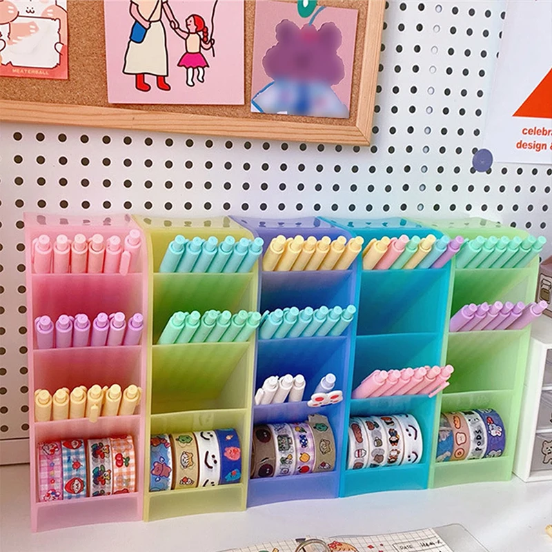 1pc Candy Color 4 Grid Desktop Pen Holder Kawaii Small Big Size Makeup Brushes Lipstick Pens Storage Organizer School Stationery