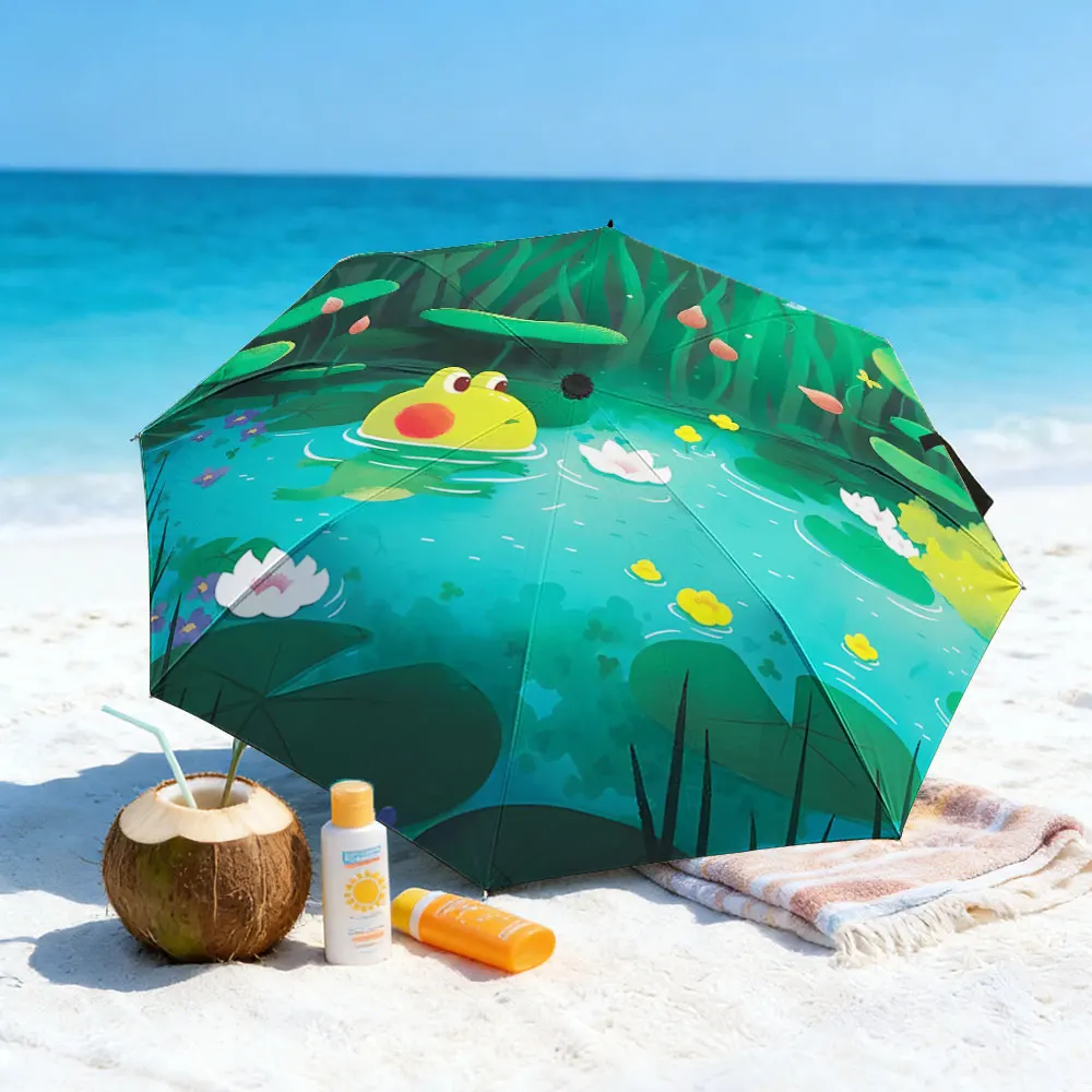 1PC Whimsical Frog Pond Design Umbrella by the Lake Print 8 Iron Ribs Folding Umbrella Auto-Open Fashion Sunshade