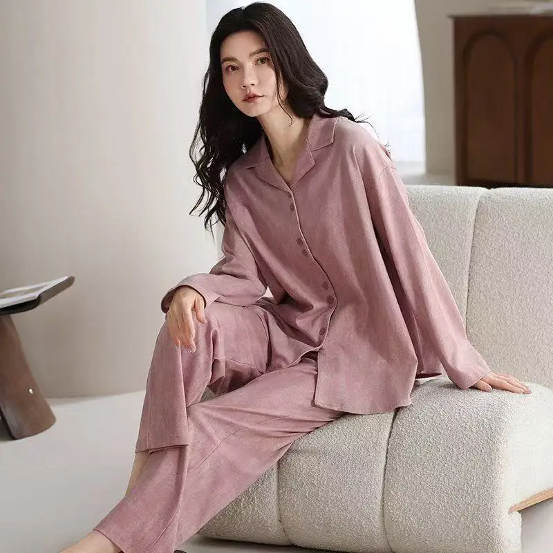 Women Autumn 2 Pcs Shirt&pant Long Sleeves Sleepwear Lounge Home Wear Premium Feel Pajamas Elegant Home Clothes Casual Nightwear