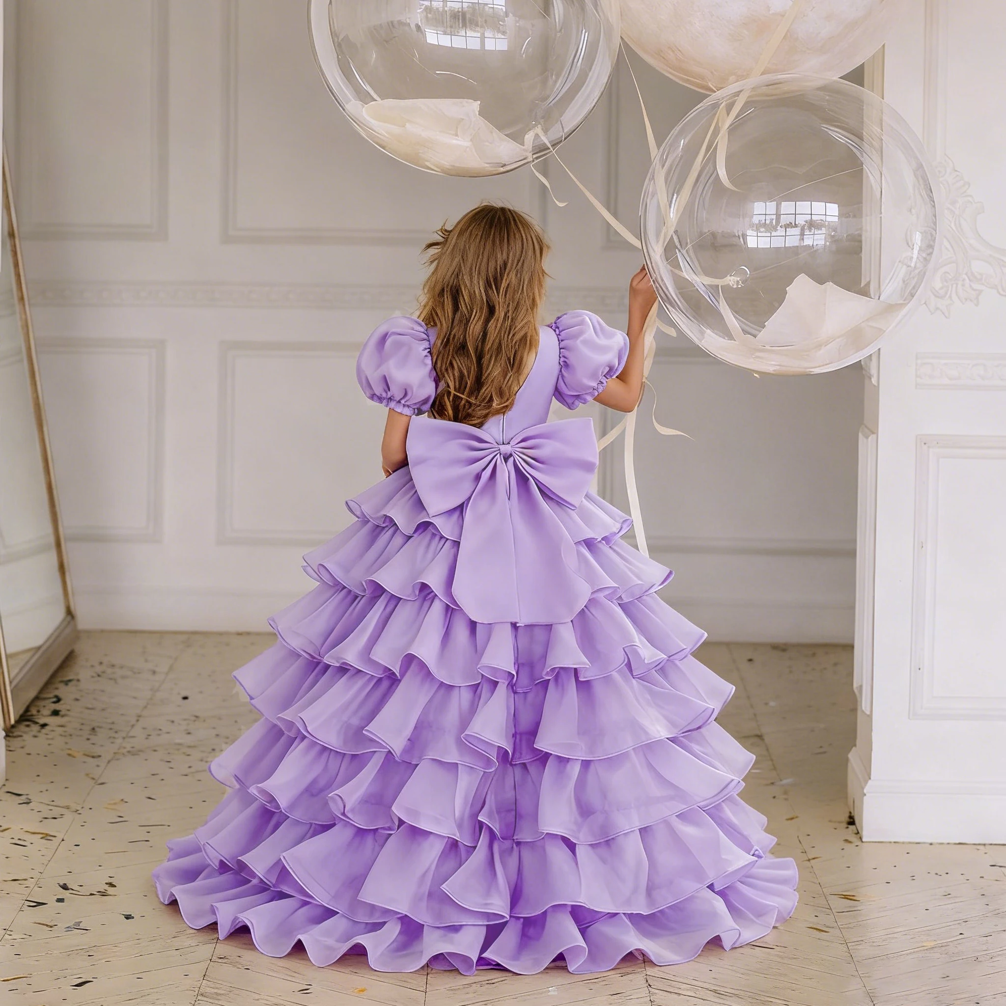 Elegant Trailing Tulle Party Baby Girls Dress Toddler 1st Birthday Wedding Princess Dresses Big Bow Bridesmaid Prom Kids Clothes