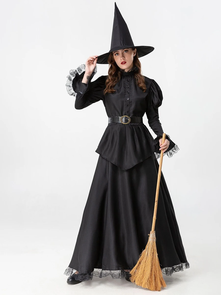 Women s Halloween Witch Costume Set with Long Flared Sleeve Belted Dress Wizard Hat and Accessories for Cosplay Party