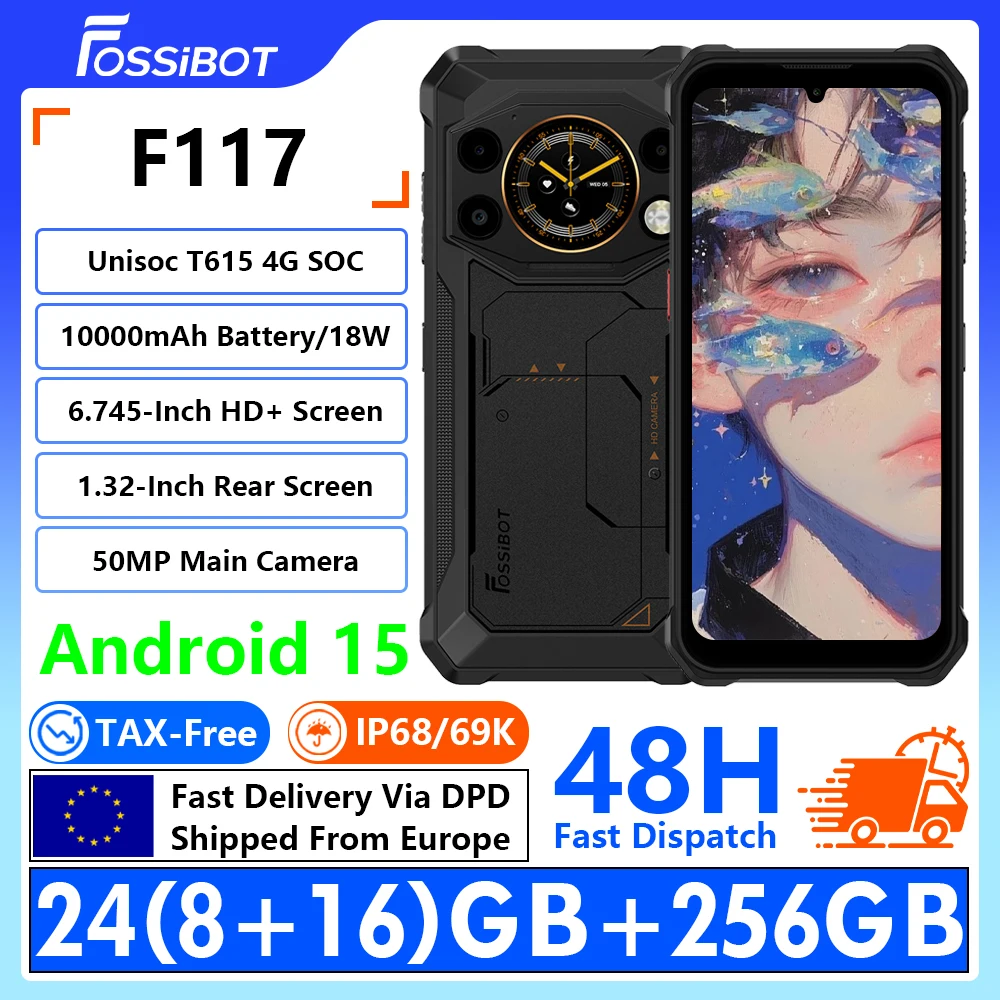 [Versand aus Europa] Fossibot F117 4G Outdoor-Handy 6,75-Zoll-HD+-Display 24(8+16)GB RAM+256GB ROM Unisoc T615 4G 10000mAh Akku 18W Schnellladung 50MP+8MP Kamera Android 15 NFC
