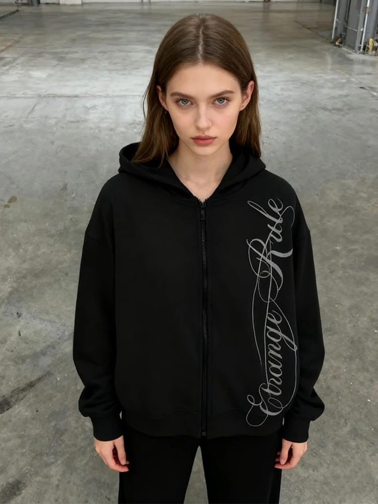 

Harajuku ins retro gothic punk letter printed zipper cardigan hooded sweatshirt autumn and winter Y2k street fashion couple styl