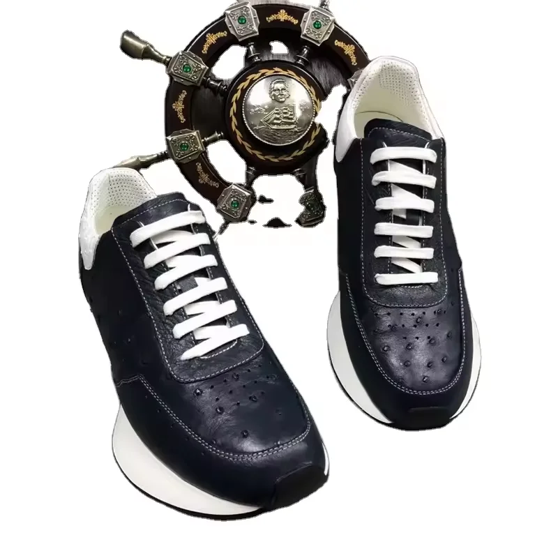 

Authentic Exotic Ostrich Skin Men's Casual Soft Navy Sneakers Genuine Real Leather Gray Color Male Lace-up Walking Flats Shoes