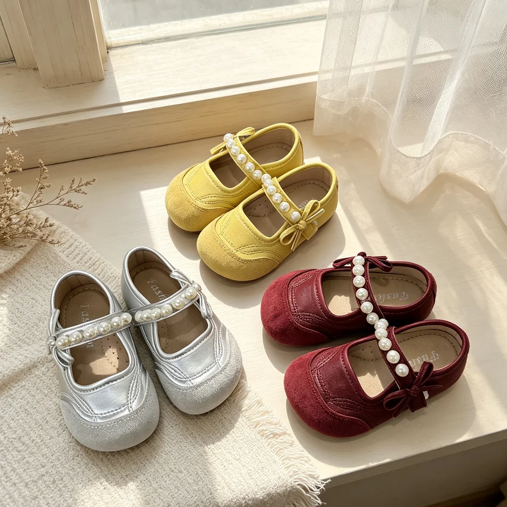 Girls Beaded Bow Ballet Flats 2026 New Autumn Toddler Mary Jane Shoes Non-slip Elegant Princess Girls School Party Wedding Shoes
