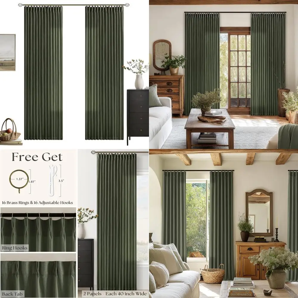 84 Tende plissettate in lino verde cacciatore con ganci, semitrasparente per soggiorno e sala da pranzo