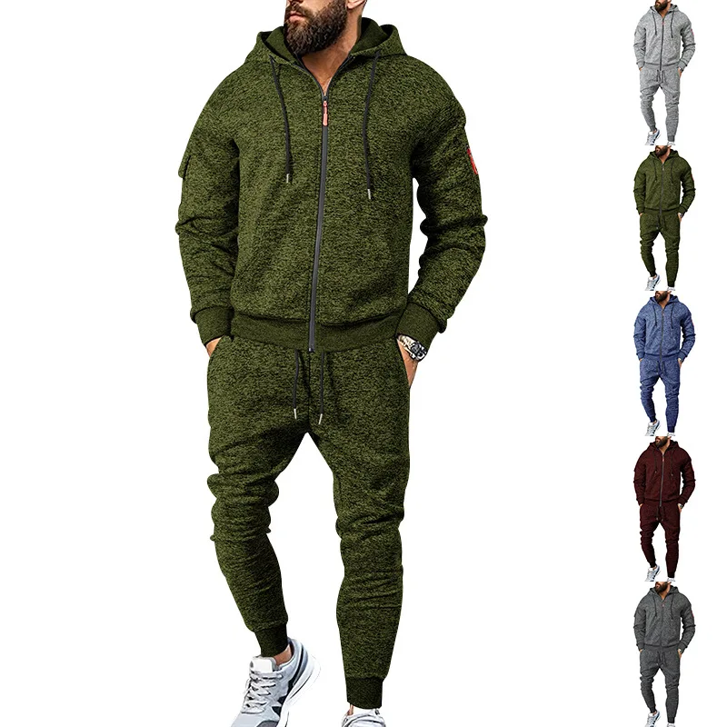 

Men Sets Sweatshirts Cardigan Zipper Hooded Hoodies Skinny Pencil Pants Two Pieces Pockets Draw String Sports Casual Spring