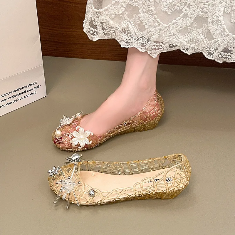 2026 Women's Stretch Crochet Shoes Memory Foam Insole Hollow out Fashion Sandals Flat Heel Pointed Toe PVC Sole Winter Wear