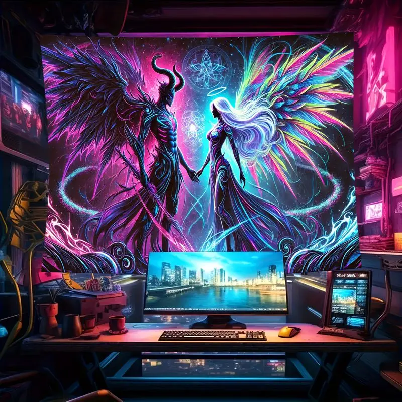 VIKAMA Angel Devil Tapestry Neon Fantasy Couple Wall Hanging For Bedroom Dorm Mystic Aesthetic Background Home Decor