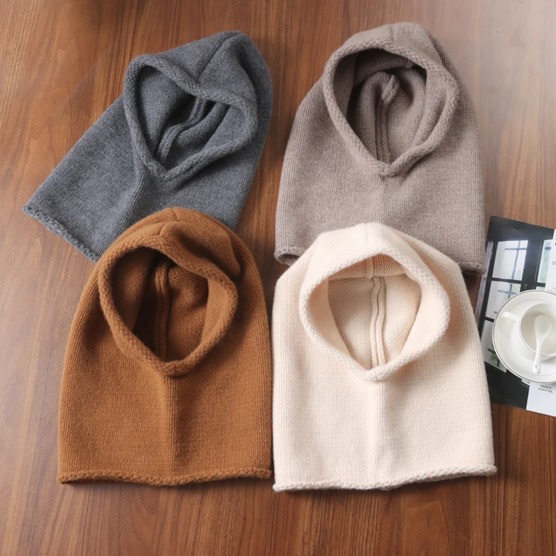 Women 100%Pure Wool Hats Bib One Female Winter Thick Knitted Skullies Version Cap Earmuffs Collar Soft Warm Beanies Hooded Scarf