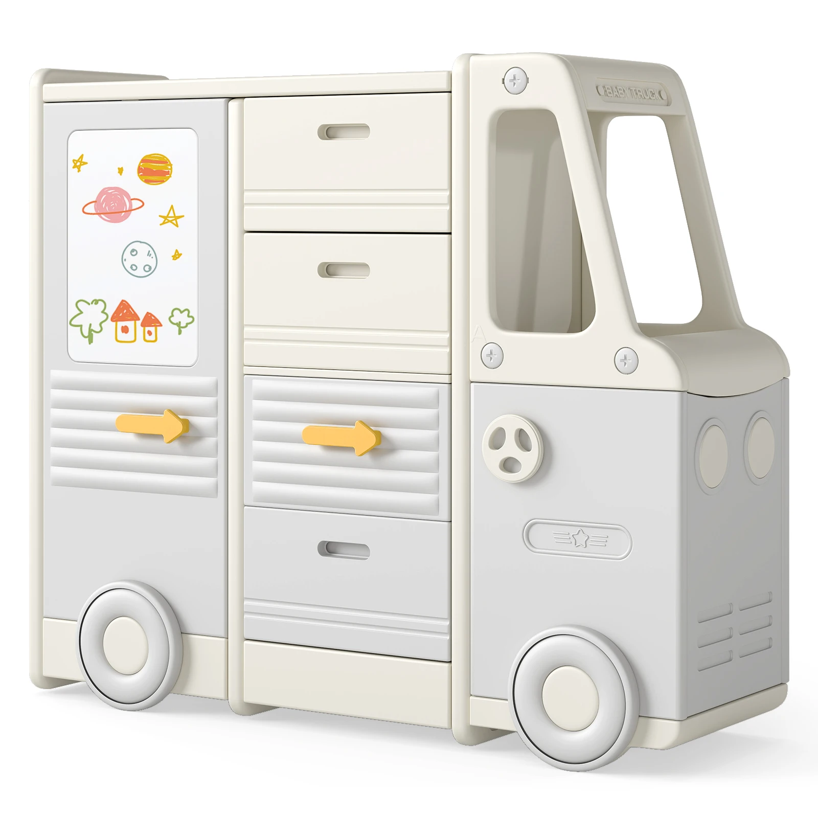 Spielzeugregal für Autos, Kinderregal in Busform mit Whiteboard, 4 Schubladen und Schränken, Bücherregal für Kinder