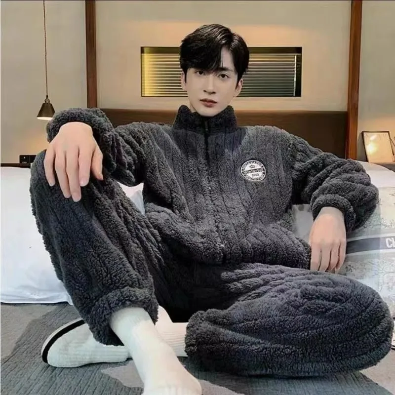 Men's Coral Velvet Pajamas Zipper Plus Size Can Be Worn Outside Sleepwear Winter Flannel Warm Flannel Winter Casual Homewear Set