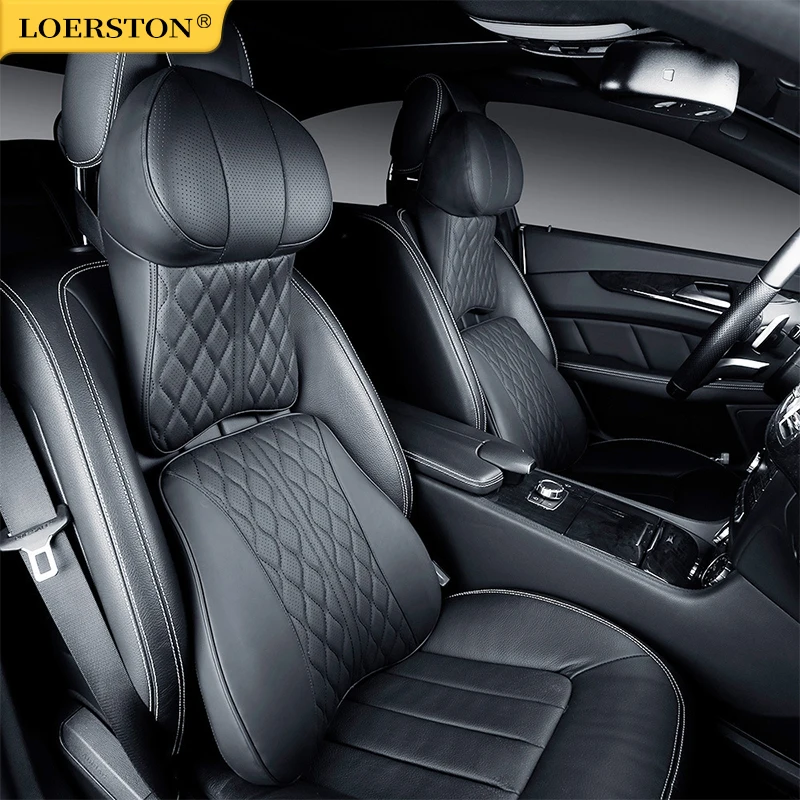 Car Leather Headrest Lumbar Support Memory Foam Car Rest Neck Pillow Back Cushion Seat Waist Supports Car Interior Accessories