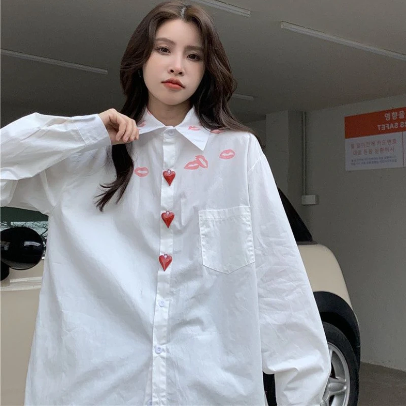 White Shirts Women Korean Style Loose Ins Vintage Simple Casual Streetwear Long Sleeve Tops Spring New Chic BF Students Camisas