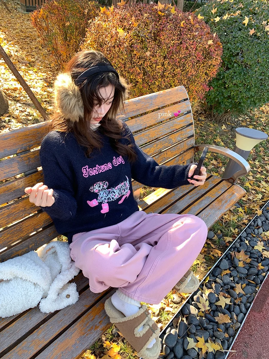 

Warmth Emitting Knitted Sweater with Letter Embroidery round Ne Design Layering Sle Dog Letter Pattern Casual Comfortable