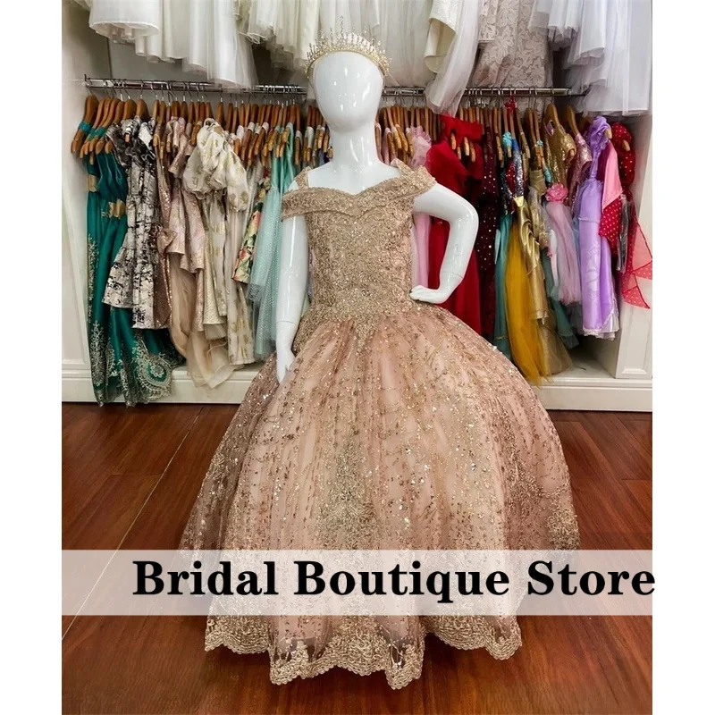 

New Design Rose Gold 2025 Sparkly Flower Girls Dress Beads Lace Appliques Child Princess Gown For Birthday Party Gown Customized