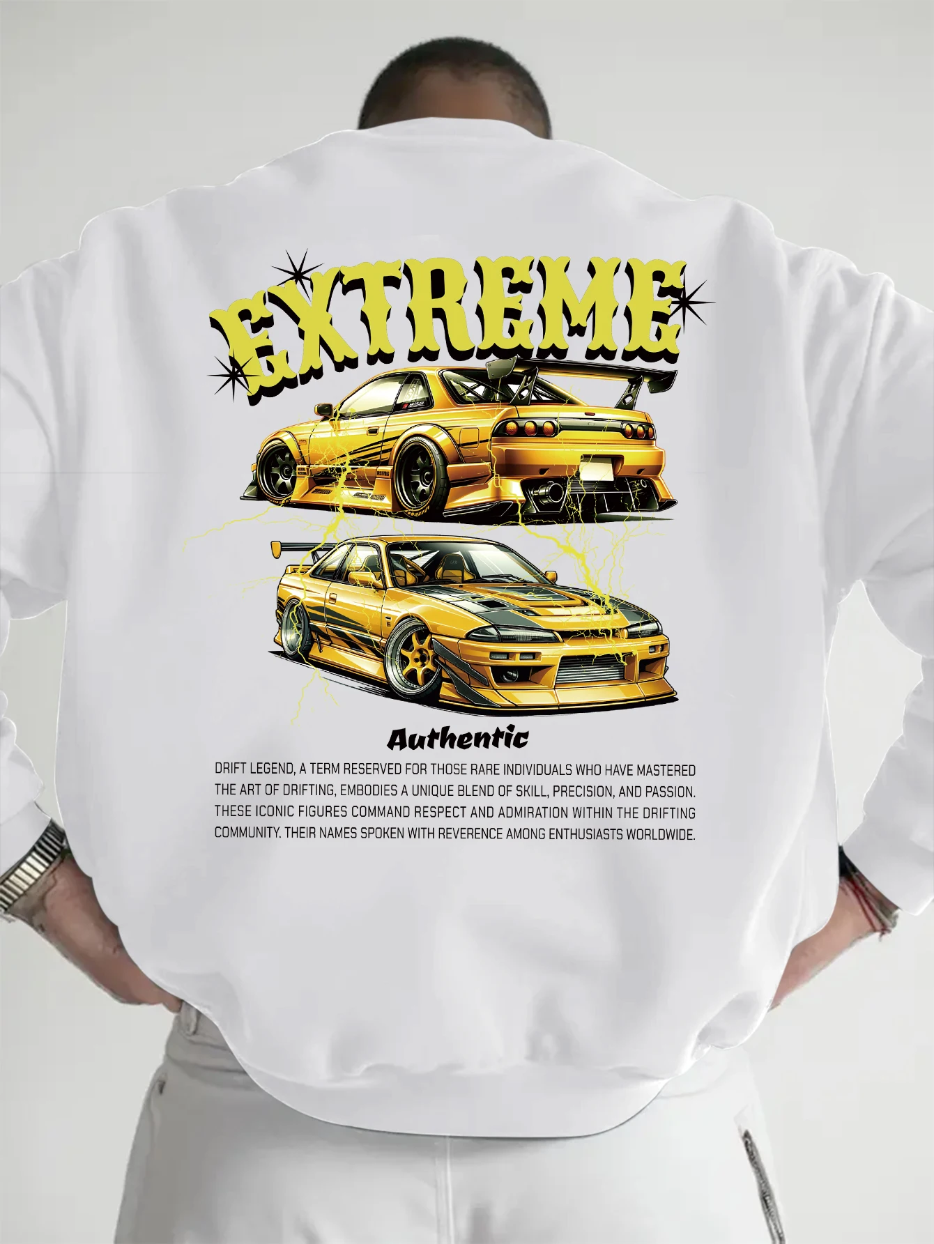 Racing Men Sweatshirt, Yellow JDM Tuned Cars Lightning Effect 